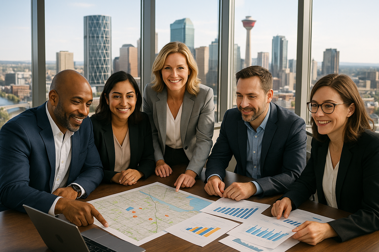 Photorealistic image of a diverse team of five Calgary real estate experts collaborating around a modern office table covered with maps, laptops, and market reports. Large windows reveal the Calgary skyline. The group is engaged in strategic discussion, highlighting teamwork and expert market navigation. The scene is bright, professional, and conveys confidence and mastery.