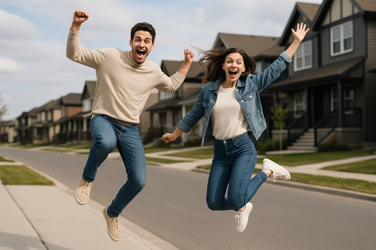 Couple jumping for joy after getting an amazing deal on their new home. Canada gst rebate