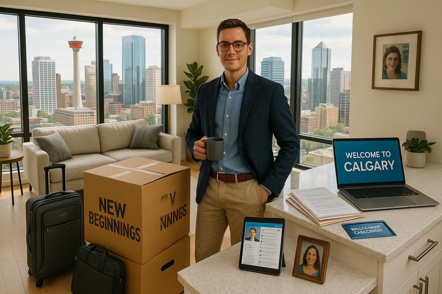 A young professional prepares for a work relocation in a bright Calgary apartment, surrounded by moving boxes, a laptop showing “Welcome to Calgary,” and a comprehensive checklist for a stress-free move.