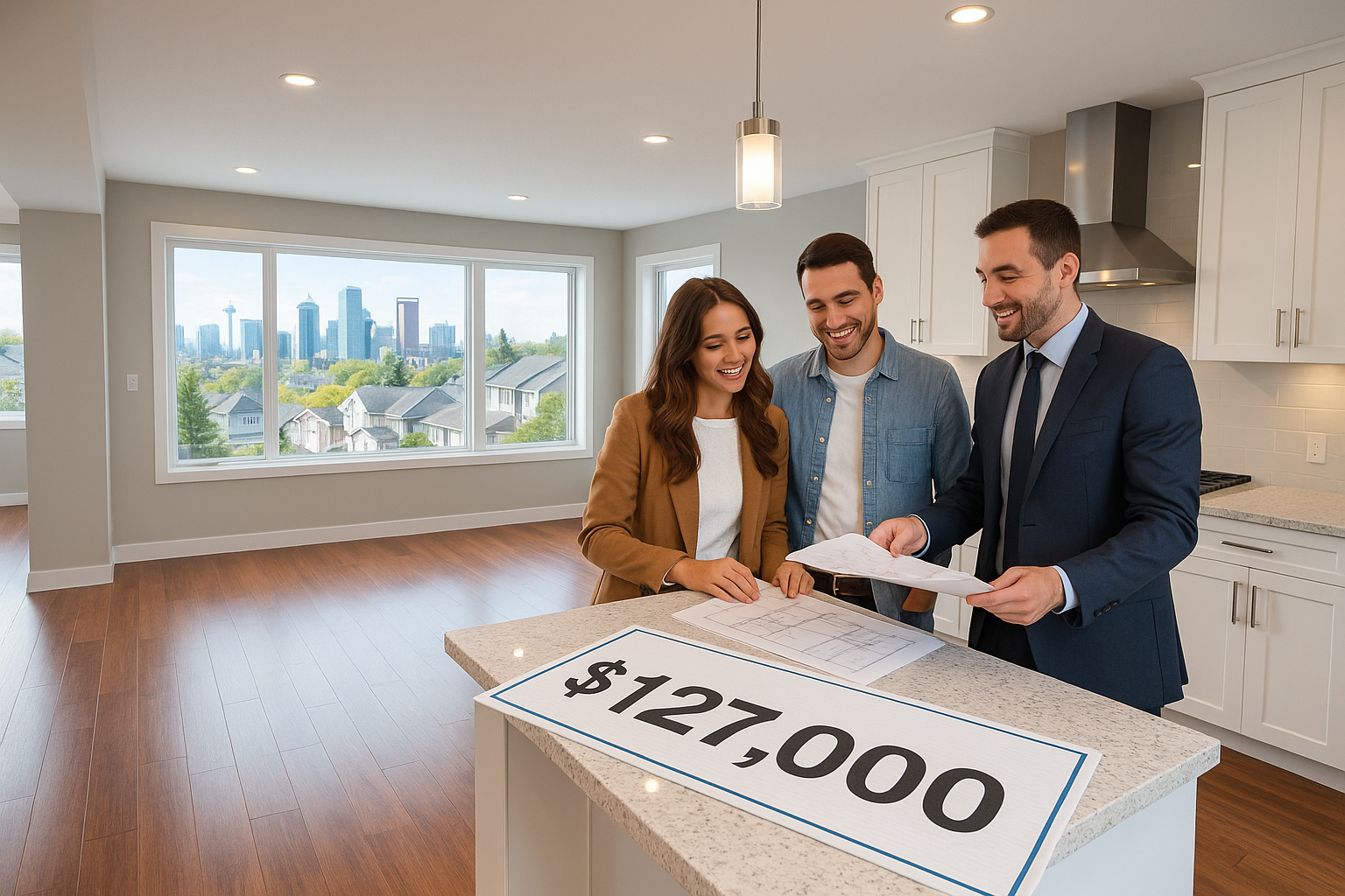 A young couple and contractor discuss home renovations in a bright, upgraded Calgary home, with a $127,000 check symbolizing high-value improvements that pay off.