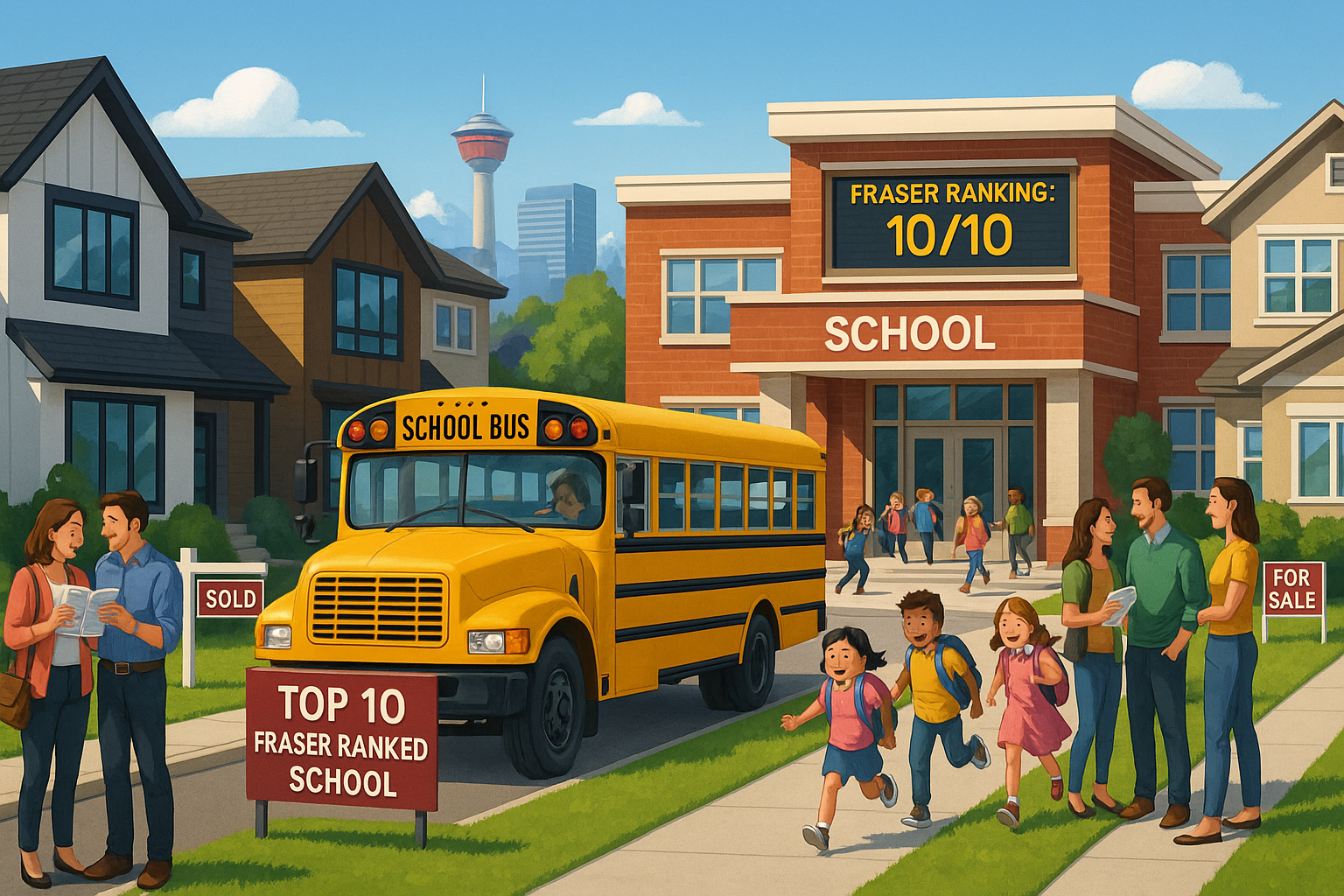 A top-ranked Calgary school with a “10/10 Fraser Ranking” sign welcomes excited children from a school bus, while parents discuss real estate values in a desirable, upscale neighborhood.