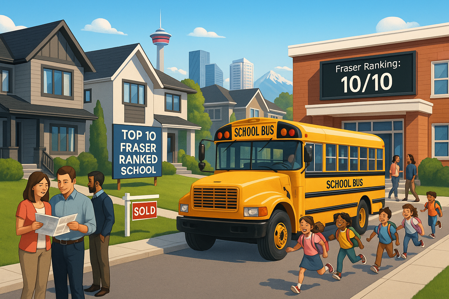 A top-ranked Calgary school with a “10/10 Fraser Ranking” sign welcomes excited children from a school bus, while parents discuss real estate values in a desirable, upscale neighborhood.