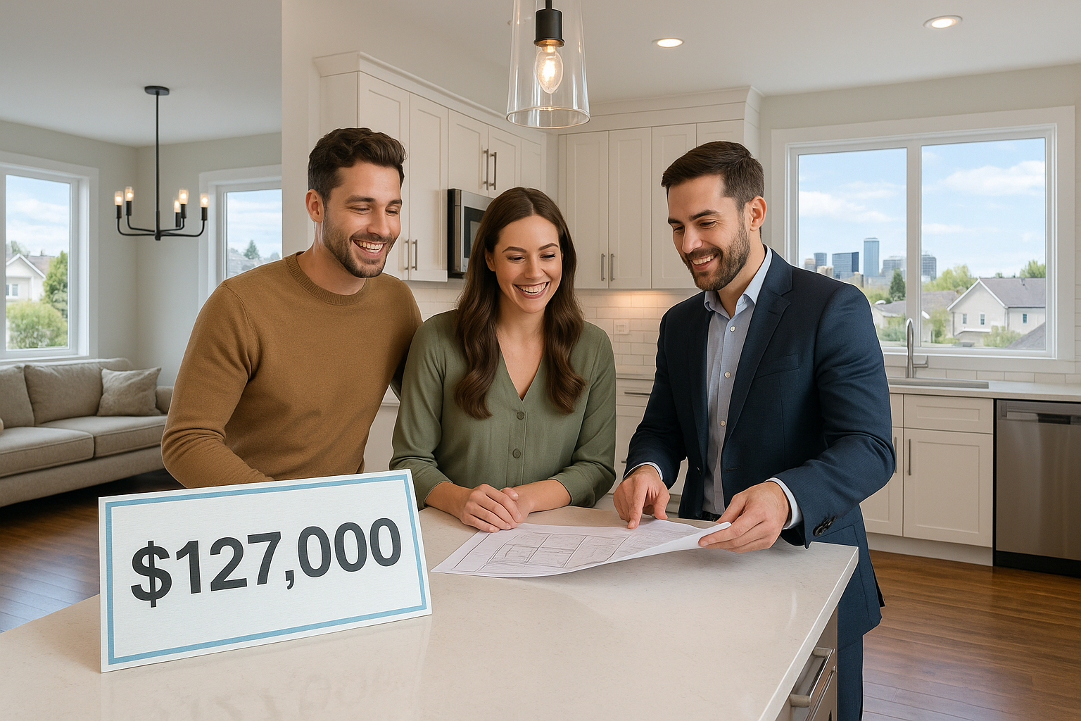 A young couple and contractor discuss home renovations in a bright, upgraded Calgary home, with a $127,000 check symbolizing high-value improvements that pay off.