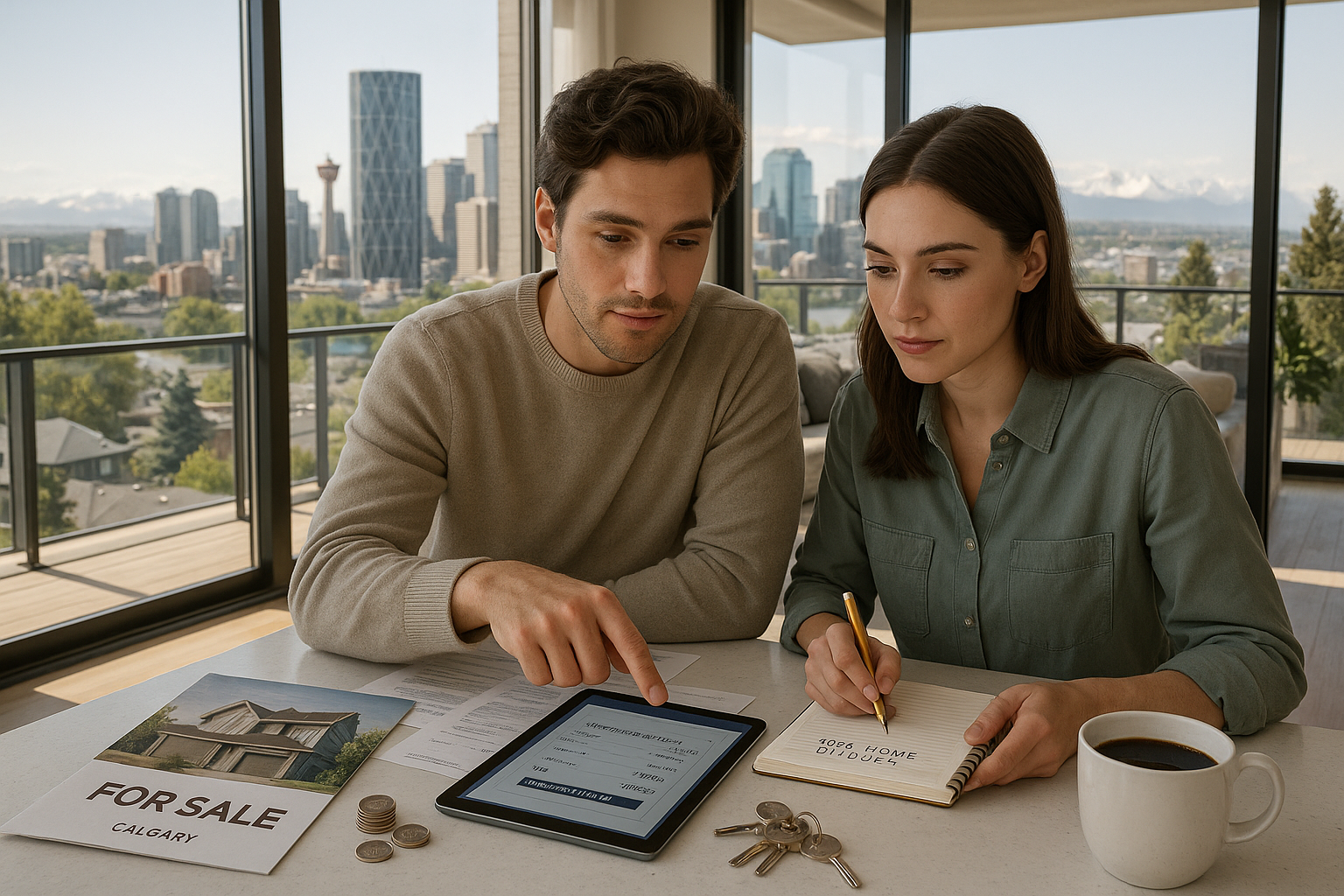 A young couple in a modern Calgary home reviews a mortgage calculator and budget notes, weighing how much house they can afford in 2025, with the city skyline and mountains in the background.