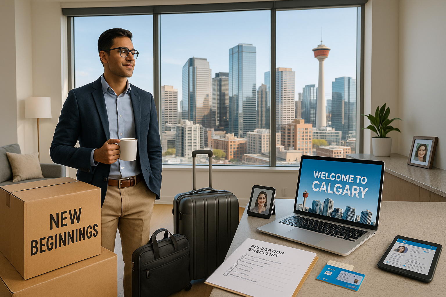 A young professional prepares for a work relocation in a bright Calgary apartment, surrounded by moving boxes, a laptop showing “Welcome to Calgary,” and a comprehensive checklist for a stress-free move.