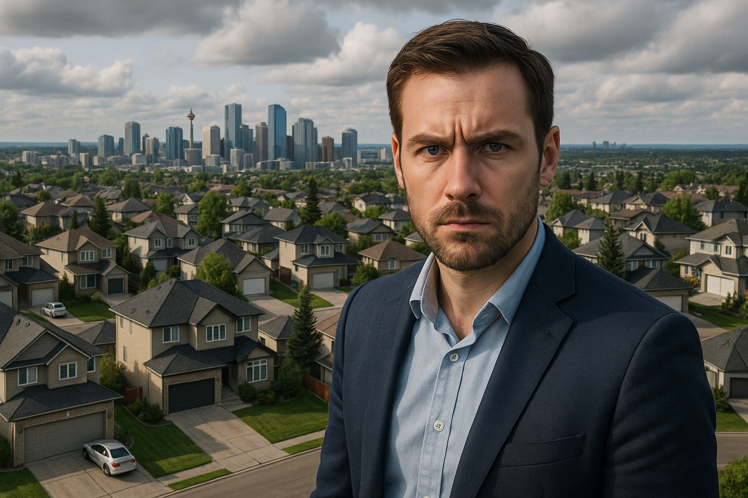 Professional Calgary real estate agent overlooking suburban neighborhood development with Calgary downtown skyline showing residential homes and property investment opportunities