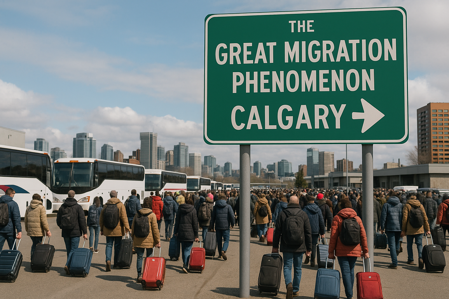 The Great Migration Phenomenon Calgary highway sign with massive crowds of people carrying suitcases and luggage walking toward Calgary downtown skyline and charter buses
