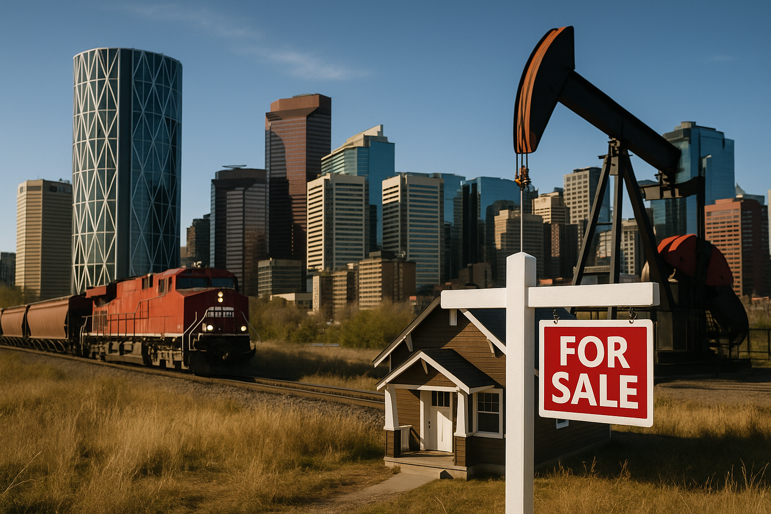 Calgary real estate for sale sign with oil pumpjack and freight train near downtown Calgary skyline showcasing energy sector influence on Alberta housing market and property investment opportunities