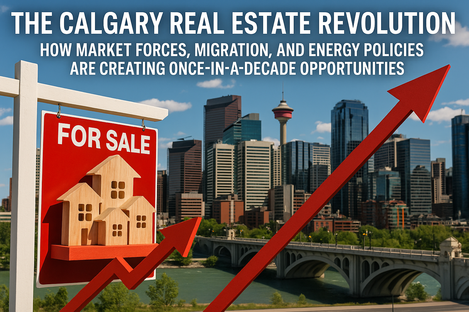 Calgary Real Estate Revolution infographic showing rising property values with red arrow growth chart and for sale sign against Calgary downtown skyline and Bow River bridge representing market trends migration and energy policies