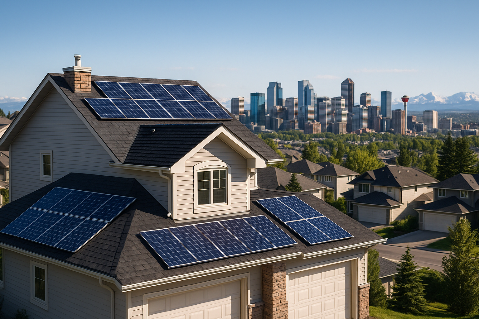 Solar panel installation on suburban Calgary home rooftop with Calgary skyline view demonstrating eco-friendly energy solutions and green home technology in Alberta residential neighborhood