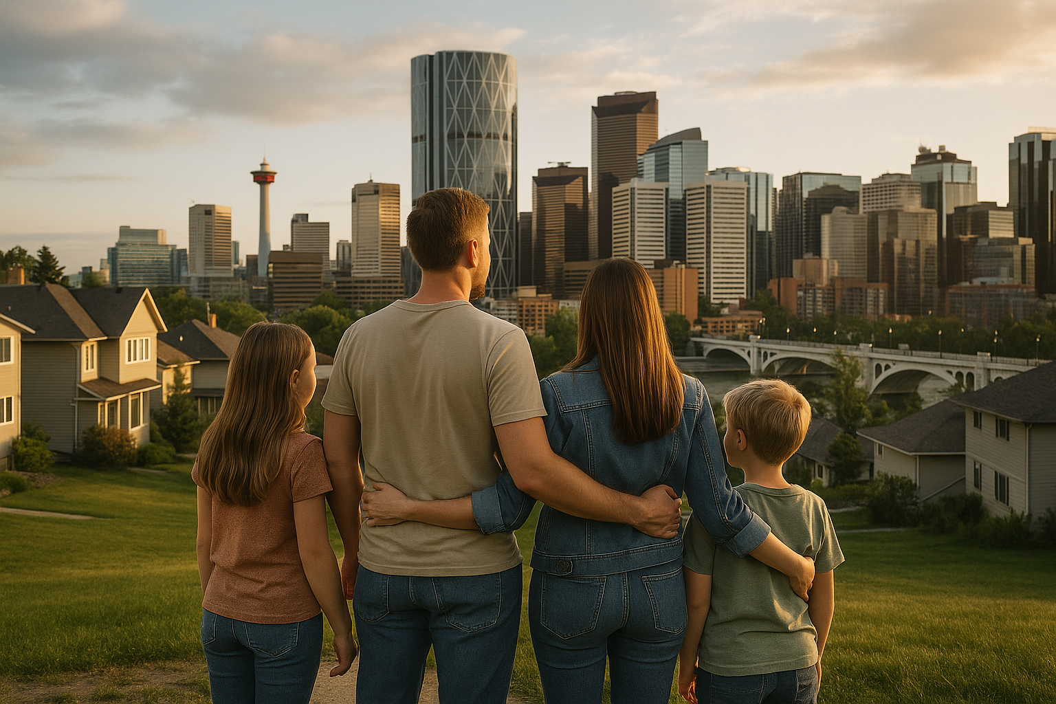 Family of four viewing Calgary skyline from residential hillside with single-family homes showcasing family-friendly neighborhoods and Calgary living opportunities