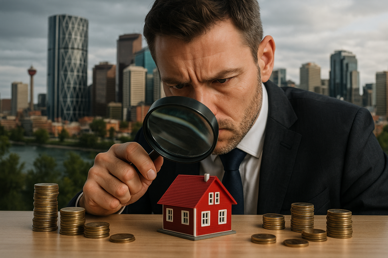 Calgary real estate agent using magnifying glass to inspect red house model with gold coins representing property valuation and home appraisal services with Calgary skyline background