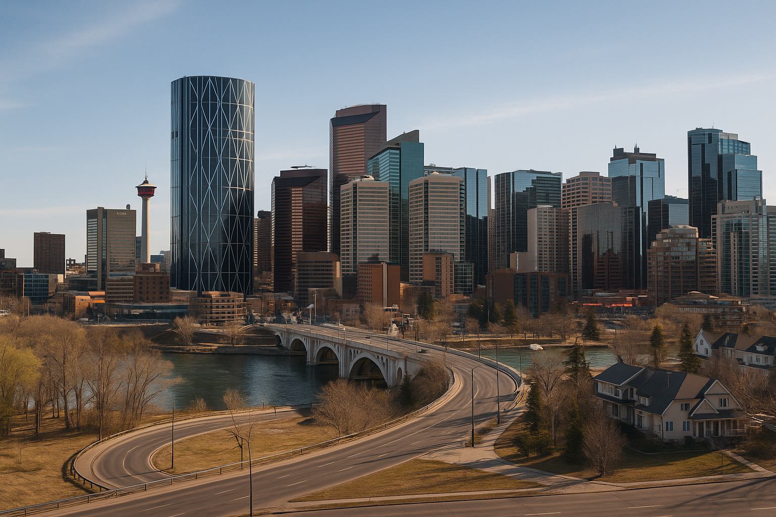Calgary downtown skyline with Bow River bridge residential homes foreground showing mixed-use development opportunities in Calgary Alberta real estate market
