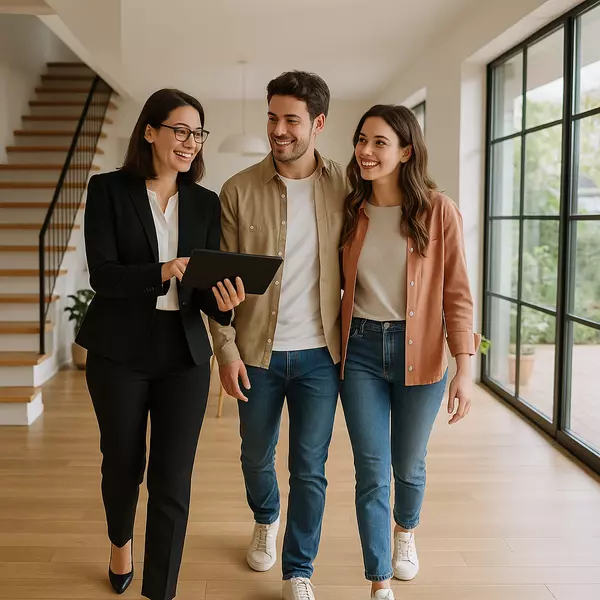 A professional real estate agent in a black business suit and glasses walks with a happy young couple through a modern home interior. The agent holds a tablet while guiding the couple, who are dressed casually in a tan shirt and coral cardigan with jeans. The bright, contemporary space features hardwood floors, floor-to-ceiling black-framed windows, white walls, and wooden stairs in the background, creating an inviting atmosphere for this property tour.