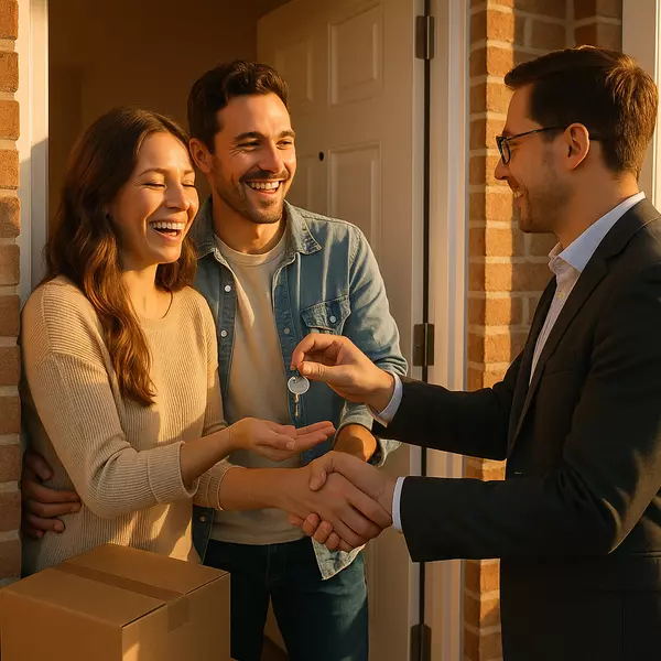 Successful home closing - real estate agent delivering keys to delighted first-time homebuyers at their new front door