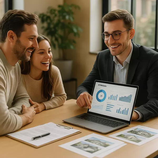 A smiling real estate agent in glasses and a dark blazer presents analytics on his laptop to a happy young couple during a consultation. The laptop screen displays charts and performance metrics, while property listing photos and documents are spread across the wooden table. The bright, modern office setting with plants in the background creates a welcoming atmosphere for this real estate meeting.