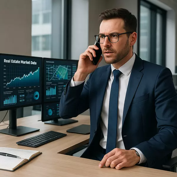 Expert real estate negotiator using AI-powered market data during client call - technology-enhanced professional service