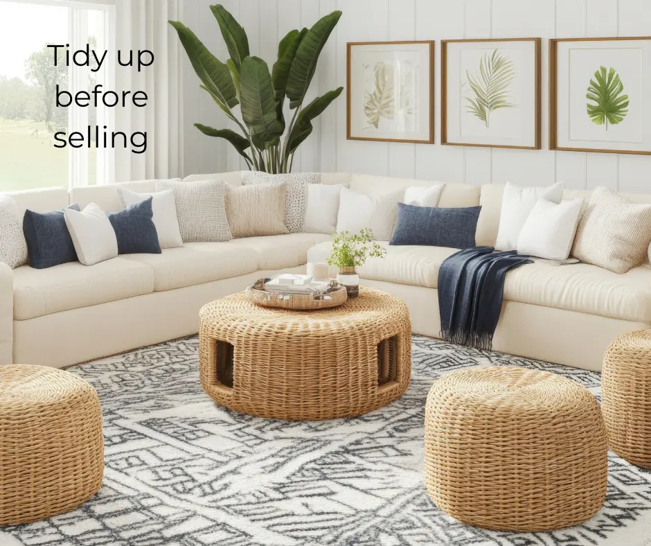 A tidy, well-staged living room with bright natural light, neutral décor, and fresh flowers on the table—showcasing a home that’s ready to hit the market.