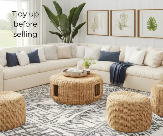 A tidy, well-staged living room with bright natural light, neutral décor, and fresh flowers on the table—showcasing a home that’s ready to hit the market.