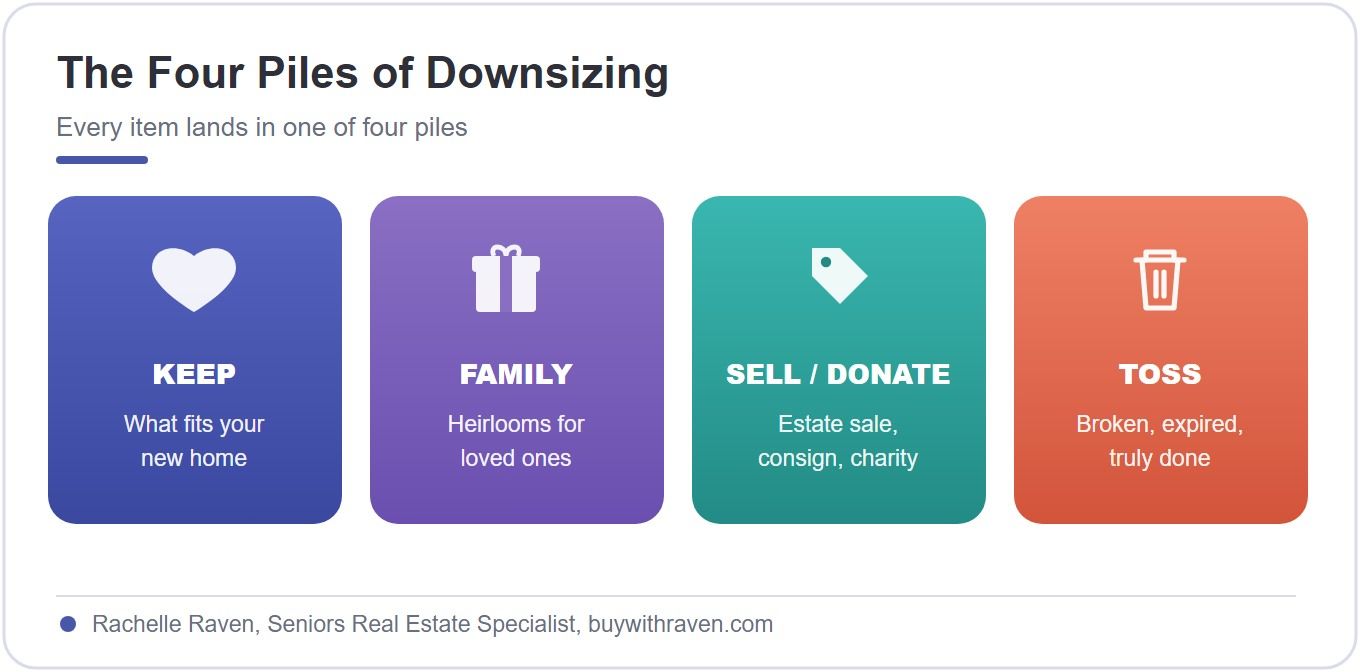 The four piles of downsizing, keep, family, sell or donate, toss