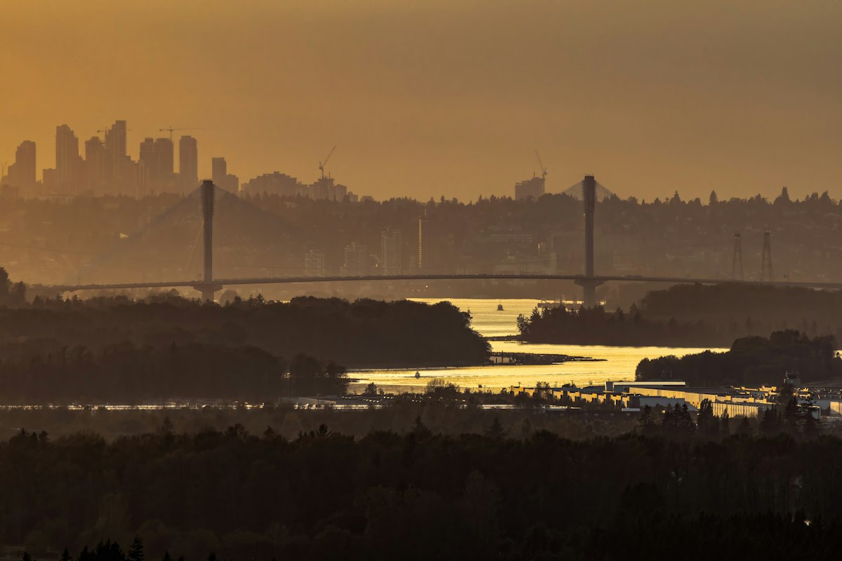 Sunset over the Fraser River and Alex Fraser Bridge, North Delta