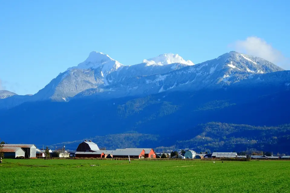 Farmland and snow-capped mountains near Mission, BC