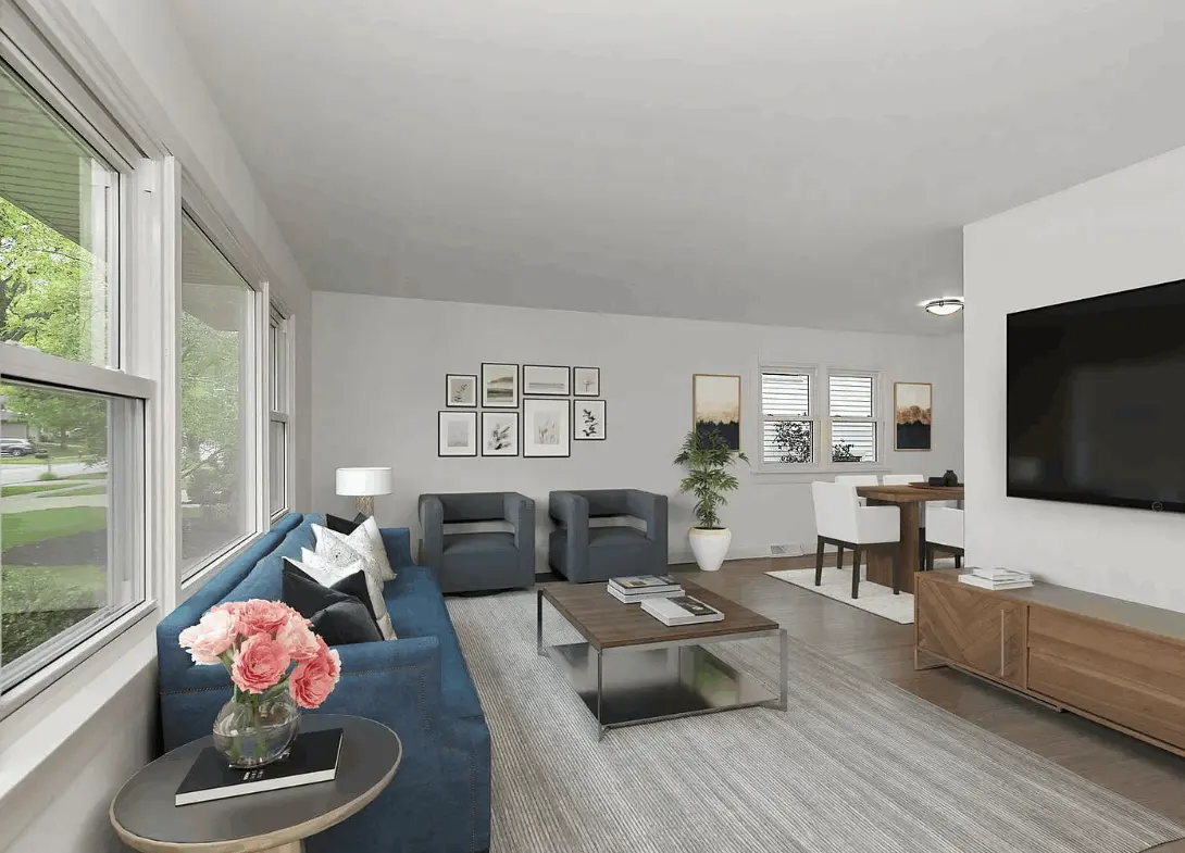 Interior of a home with virtual staging to showcase what the space could look like when furnished.