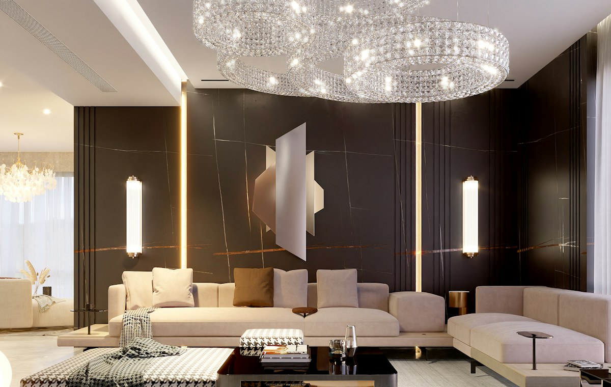 Luxury Las Vegas living room with dark marble accents and warm lighting