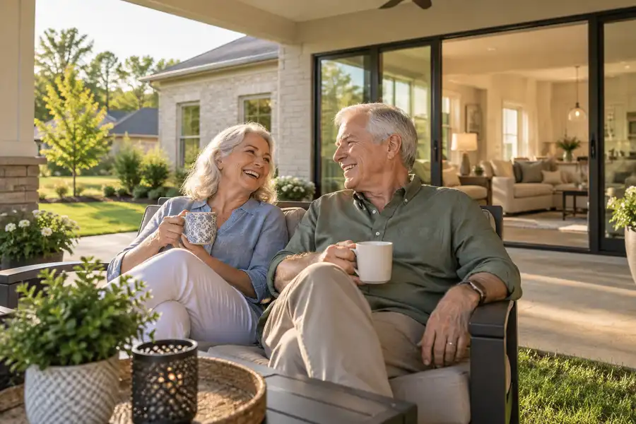 Couple relaxing on the patio of a single level home