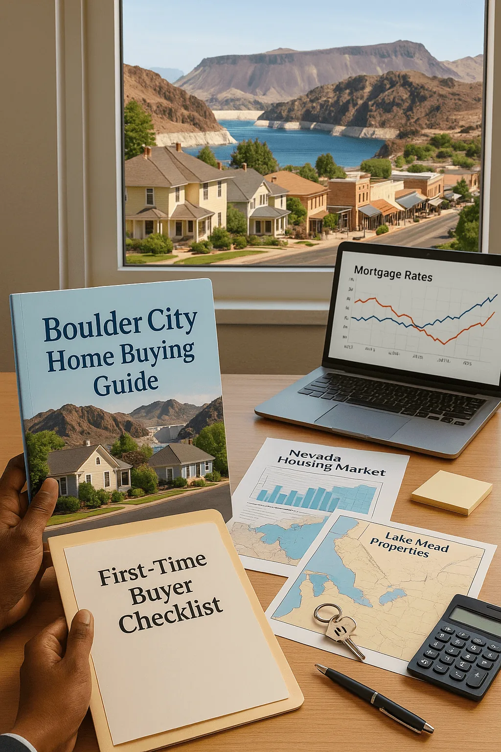 Illustration: a Boulder City home buying guide on a desk, a laptop with a mortgage rate chart, a desert lake in the window