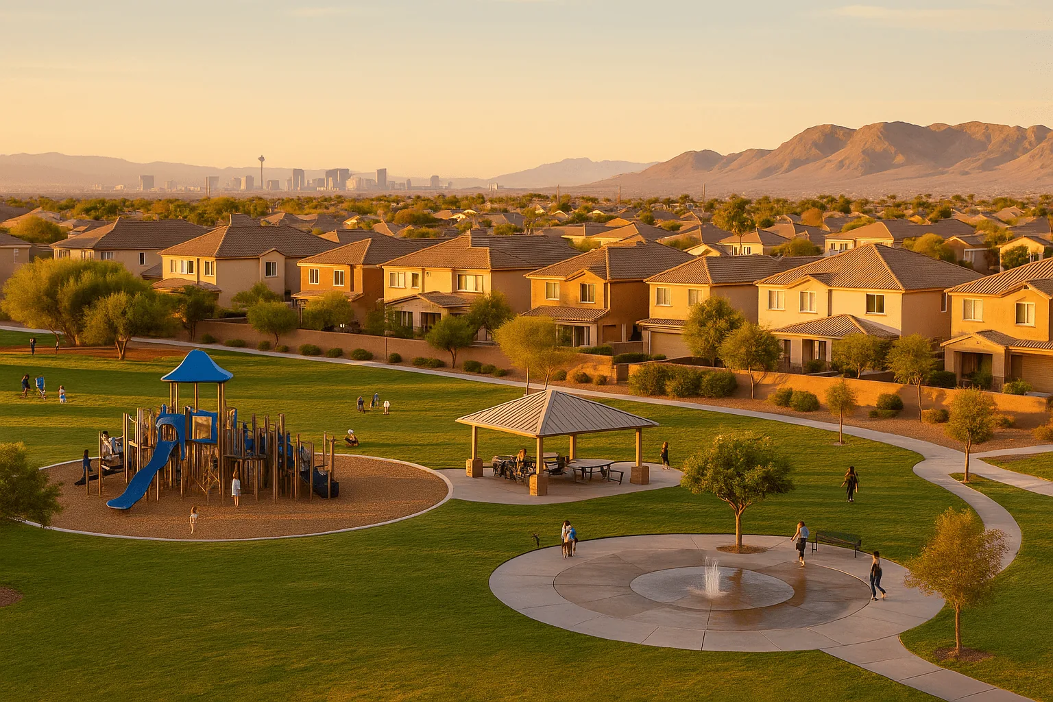 Illustration: a neighborhood park with a playground, a shaded pavilion and stucco homes at sunset, a city skyline far off