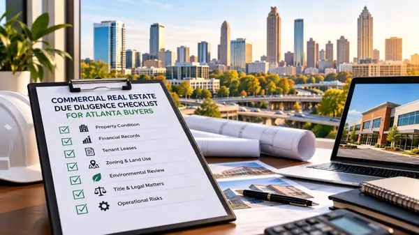 Commercial real estate due diligence checklist for Atlanta buyers reviewing property inspections, financial records, zoning, and legal risks.