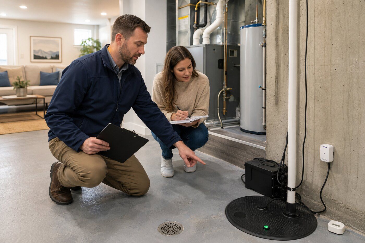A home inspector and buyer reviewing a basement sump pump and water protection equipment