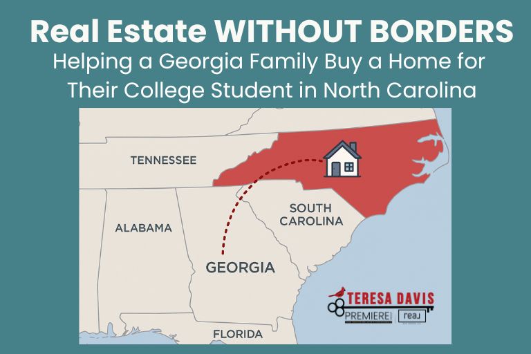Map showing the southeastern United States with Georgia and North Carolina highlighted. A red line connects Georgia to a house in North Carolina, symbolizing a family’s move to buy a home for their college student. Real estate concept by Teresa Davis Homes, REALTOR® in the Piedmont Triad NC area.