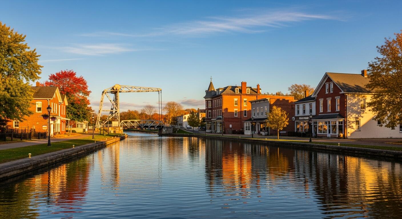 The Erie Canal and lift bridge in the village of Spencerport, New York