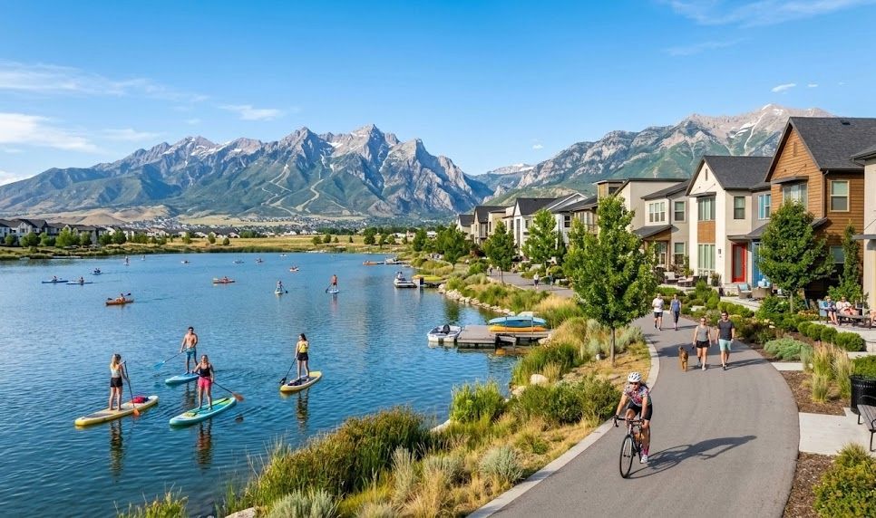 Oquirrh Lake in Daybreak Utah with custom homes and mountain views 2026