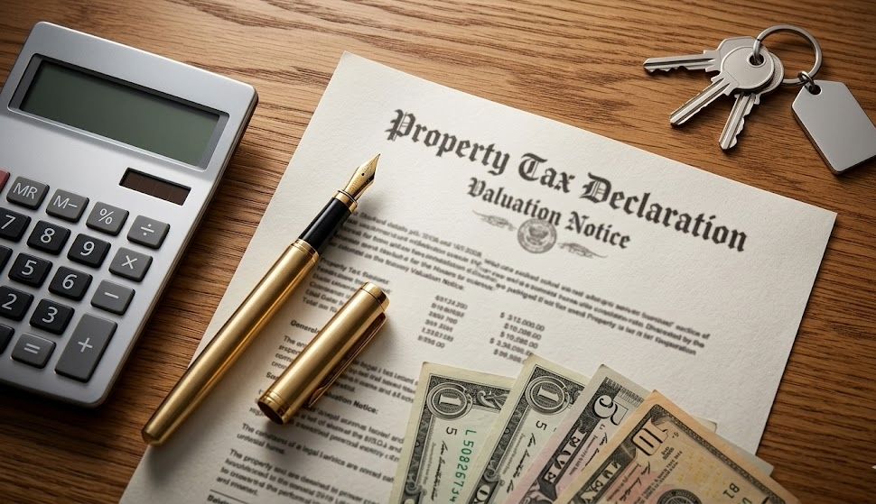 Professional flat-lay of Utah property tax documents, calculator, and house keys