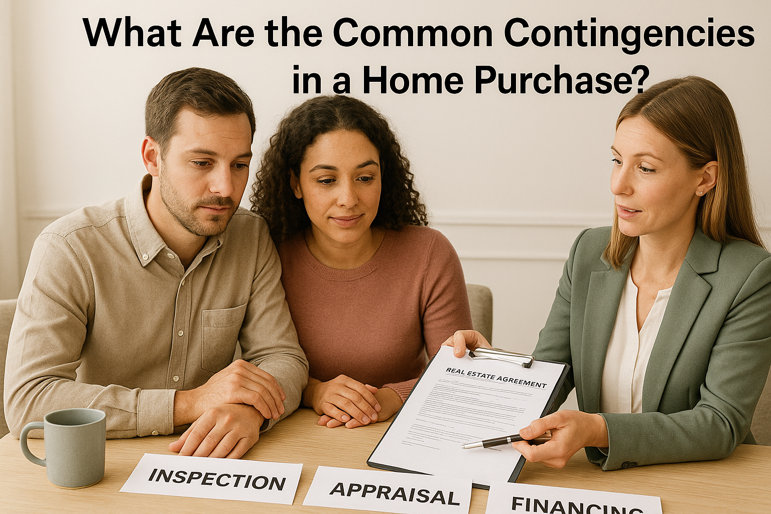 Portland homebuyers reviewing common purchase contingencies—inspection, appraisal, and financing—with their real estate agent to ensure a safe and strategic home purchase.