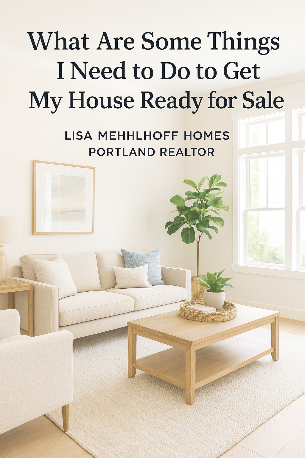 Bright, neutral-toned living room in a Portland home staged for sale, featuring modern furniture, green plants, and natural light. Text overlay reads “What Are Some Things I Need to Do to Get My House Ready for Sale – Lisa Mehlhoff Homes, Portland Realtor,” conveying professional home-selling preparation.
