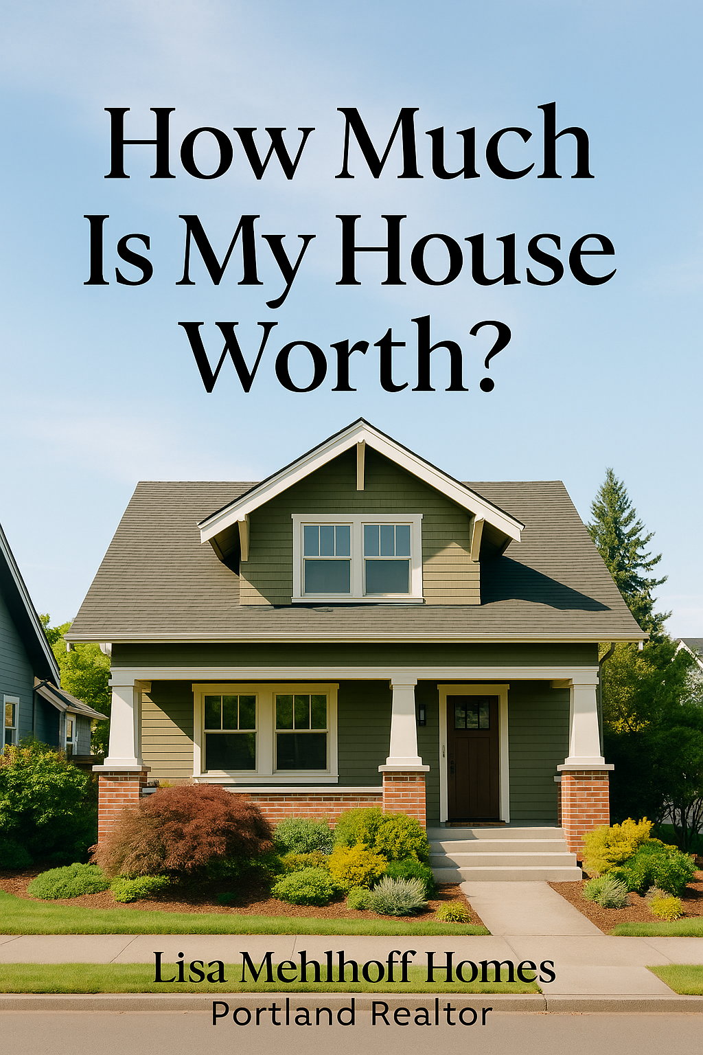 A stylish Portland craftsman home with lush landscaping under clear skies, featuring overlaid text “How Much Is My House Worth?” and branding for Lisa Mehlhoff Homes, Portland Realtor. The image conveys a warm, professional real estate feel for a home valuation blog post.