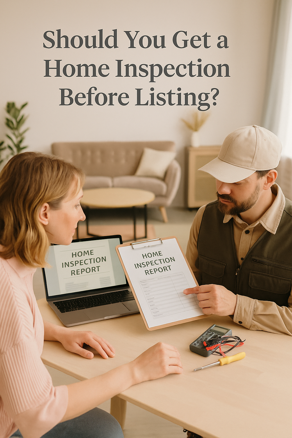 A Portland homeowner and a home inspector review a “Home Inspection Report” together at a table in a bright, neatly staged living room. The inspector wears a beige cap and vest, pointing at the report while tools rest nearby. Text overlay reads “Should You Get a Home Inspection Before Listing?” for Lisa Mehlhoff Homes, Portland Realtor.
