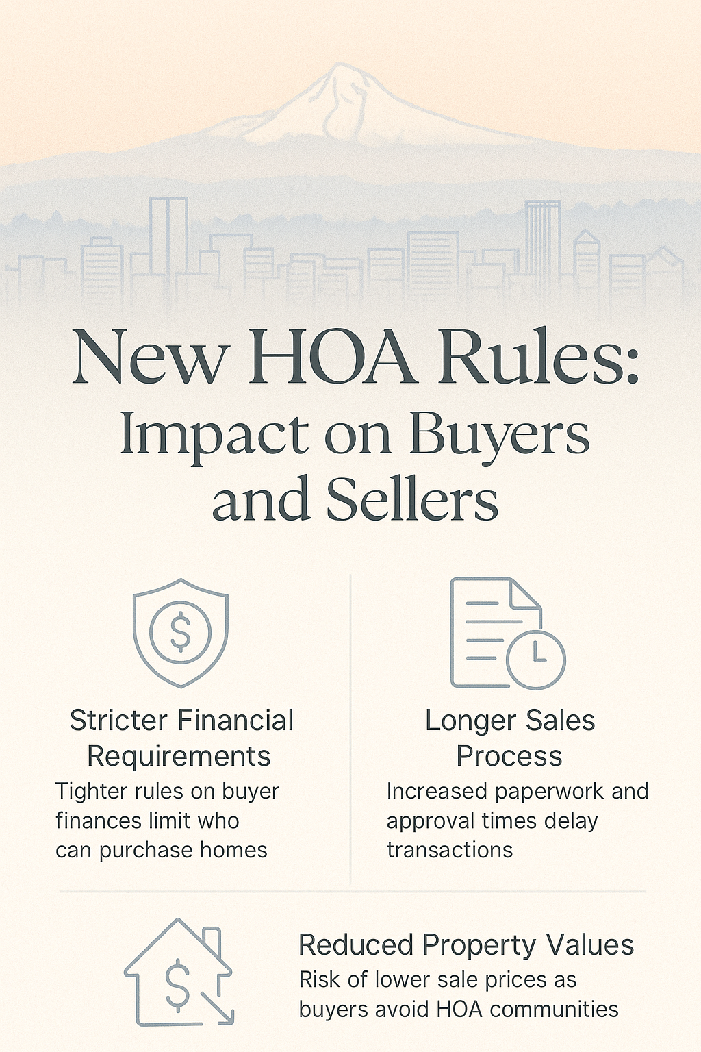 Portland condo market 2025 infographic showing HOA rule changes affecting buyers and sellers, with Mt. Hood and skyline illustration
