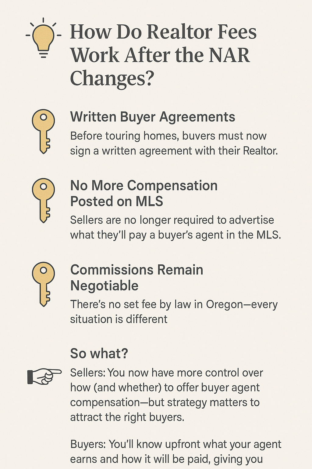 Infographic explaining how Realtor fees work after the 2024 NAR changes in Portland, Oregon. Highlights include written buyer agreements, no more compensation posted on MLS, and negotiable commissions, with takeaways for buyers and sellers. Lisa Mehlhoff Homes Portland Realtor.