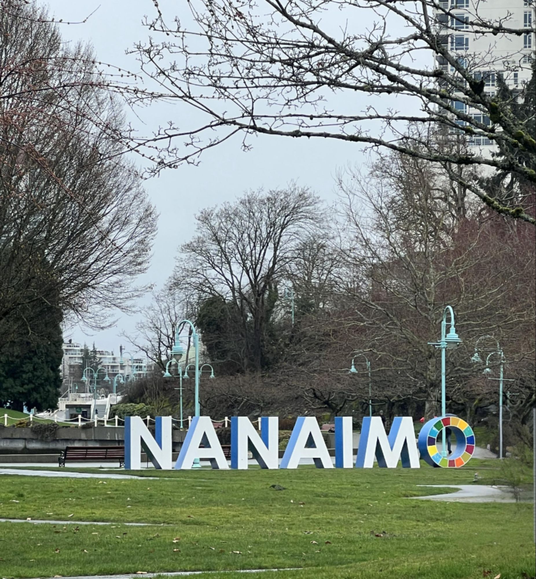 Nanaimo waterfront park sign in downtown Nanaimo on Vancouver Island