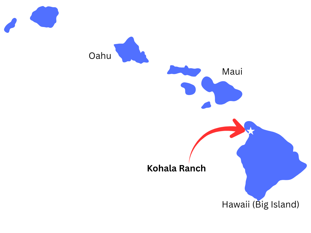 Map of Hawaii showing the location of Kohala Ranch on the northwest coast of the Big Island, near Mauna Kea and Hapuna Beach.