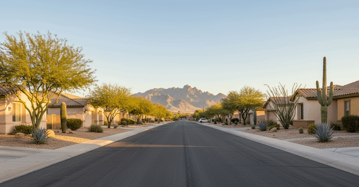 Quiet North Phoenix street of single-story stucco homes with desert landscaping and mountains on the horizon at golden hour