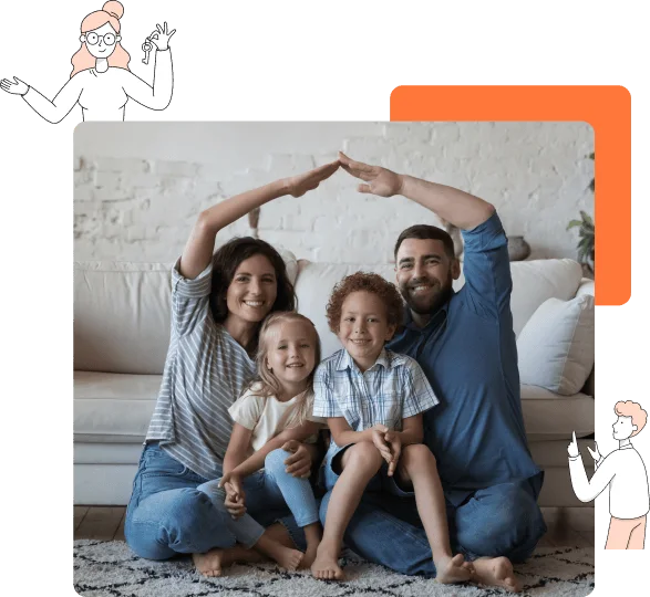 Family sitting together at home making a roof shape with their hands