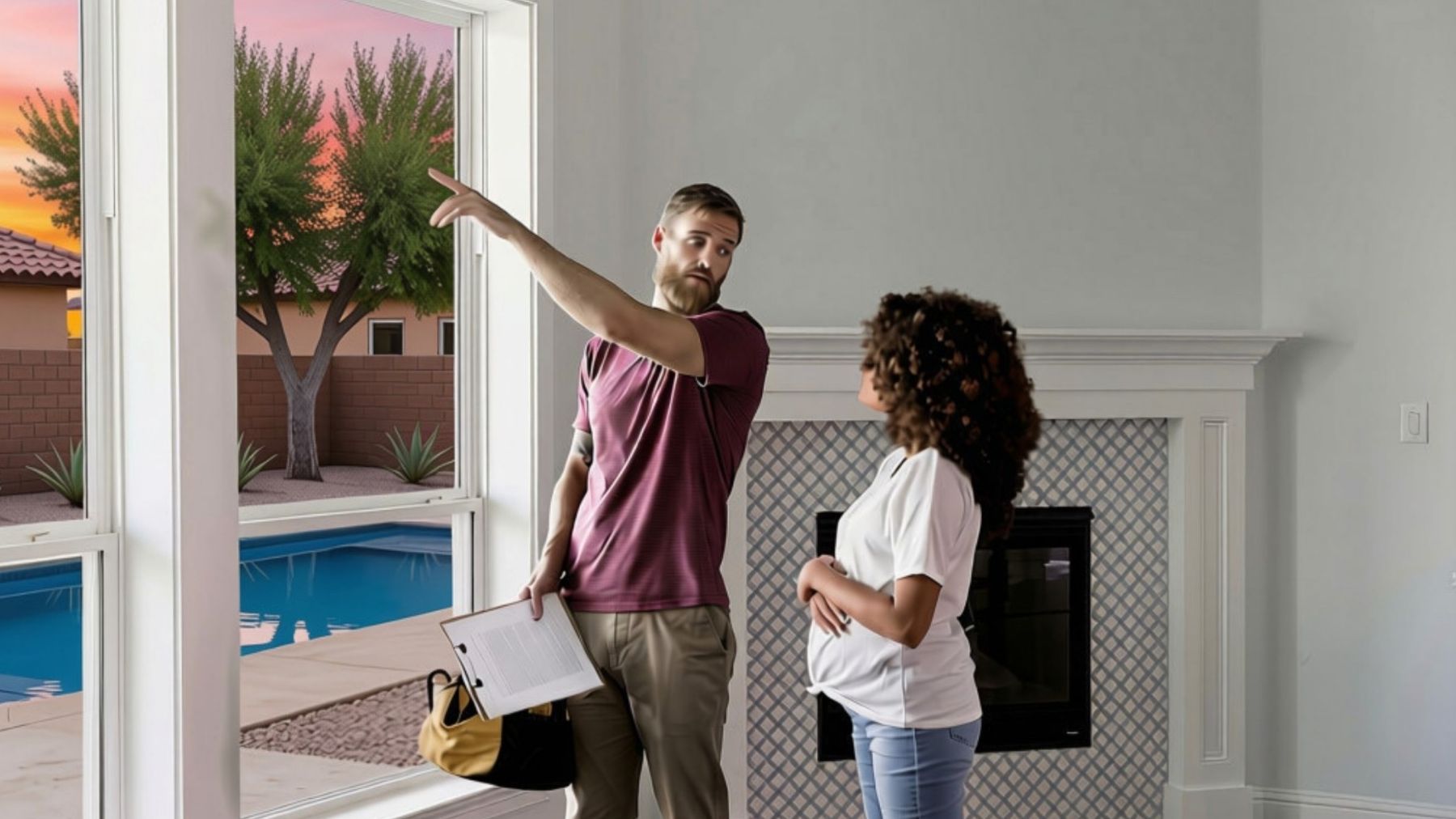Home inspector with a clipboard pointing out a window detail to a homebuyer in a bright Arizona home with a backyard pool view