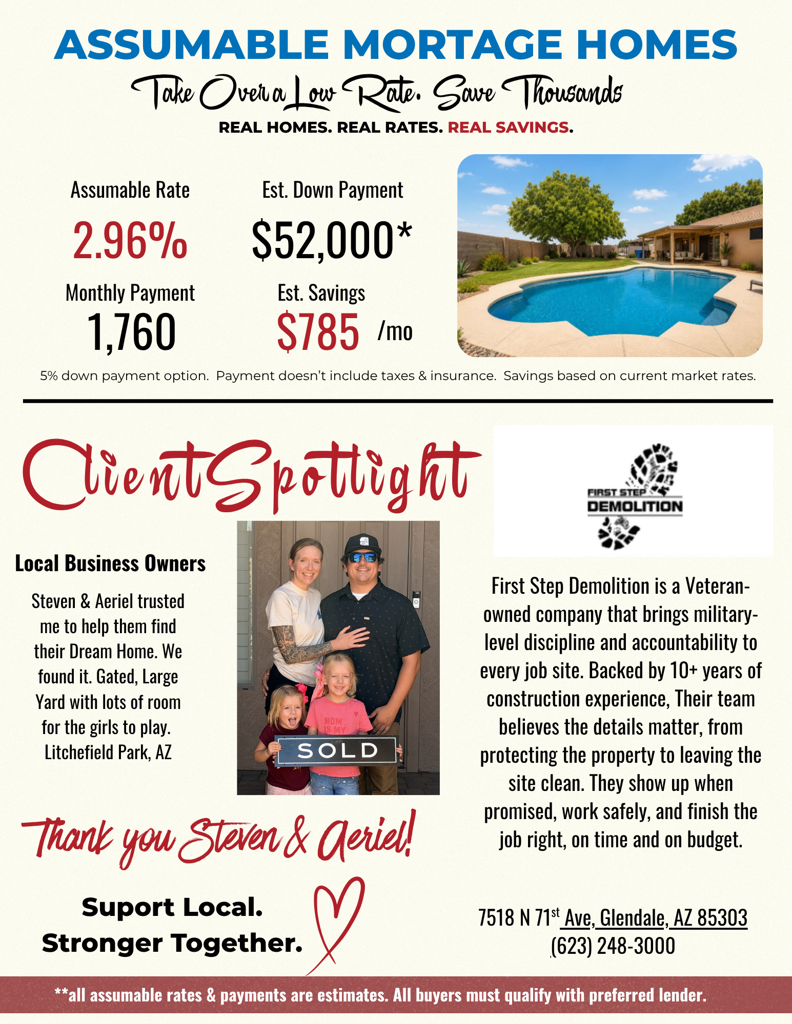 Arizona home with a 2.96 percent assumable mortgage featured alongside a client spotlight and First Step Demolition local business.