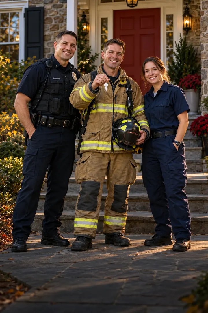 First responder home buying program: a police officer, firefighter and EMT holding the keys to a new home in Bucks County PA